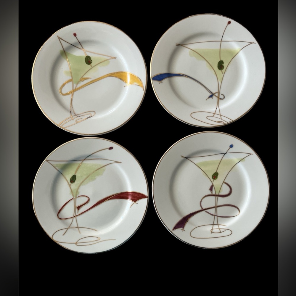 Pier 1 Imports Porcelain Dessert Plates Martini Ribbon Set of 4 Assorted